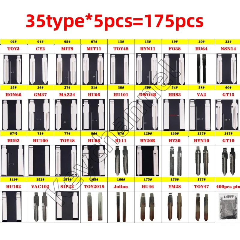 

175 шт. автомобильный ключ Blade One Box KD Key Blank HU66 Toy43 SIP22 Key 35 типов 5 шт. каждый для KEYDIY VVDI Xhorse JMD Remote с 400 контактами