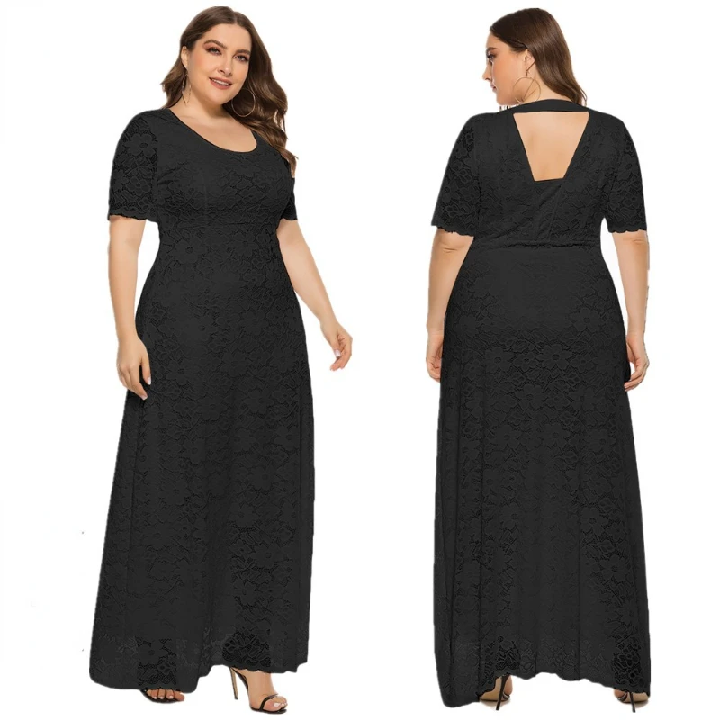 

2022 New Plus Size Sexy High Waist Open Back Lace Dress Round Neck Waist Short Sleeve Long Dress Suitable for Commuting To Work