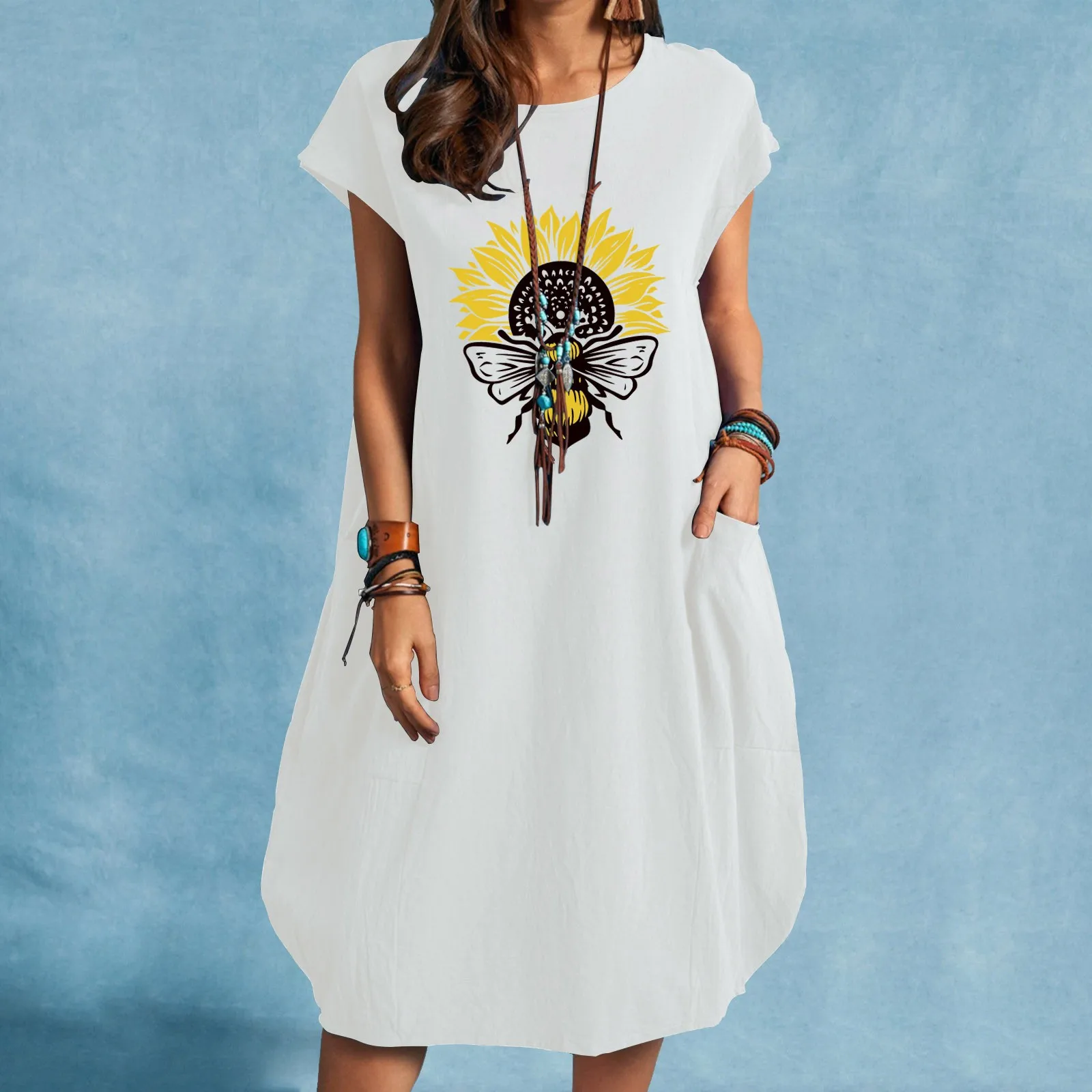 

2022 Women Casual O-Neck Short Sleeve Mid-Calf Summer Dress With Pocket Basic Floral Print Dress Beach Party Loose Dress Holiday