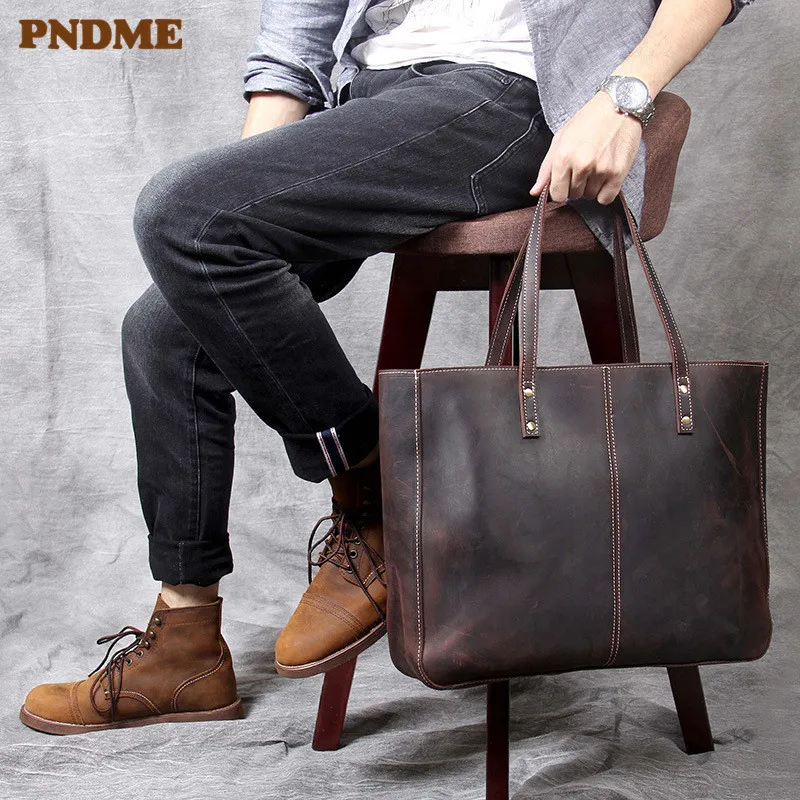 PNDME vintage crazy horse cowhide large capacity men's tote bag luxury genuine leather work laptop shopping shoulder handbags