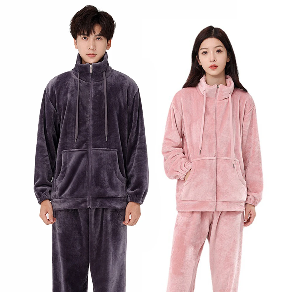 Flannel Men Pajama Pants 2 Pieces/Set Long-sleeve Pijama Suit For Women Solid Casual Loose Homewear Winter Thick Warm Sleepwear