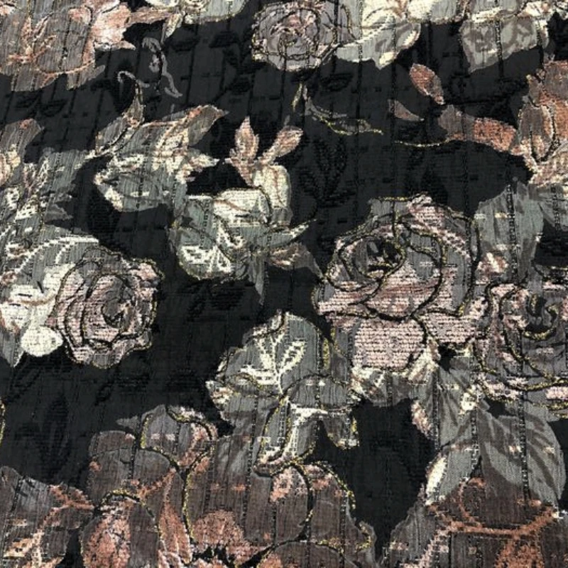 Polyster and Cotton Fabric Spring and Autumn Chinese Classical Black Bottom Colorful Rose Petals Gold Silk Brocade Jacquard