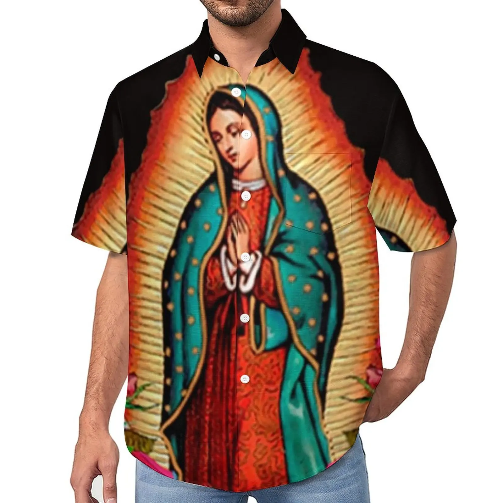 

Virgin Mary of Guadalupe Loose Shirt Vacation Flower Print Casual Shirts Hawaiian Short Sleeve Street Style Oversized Blouses