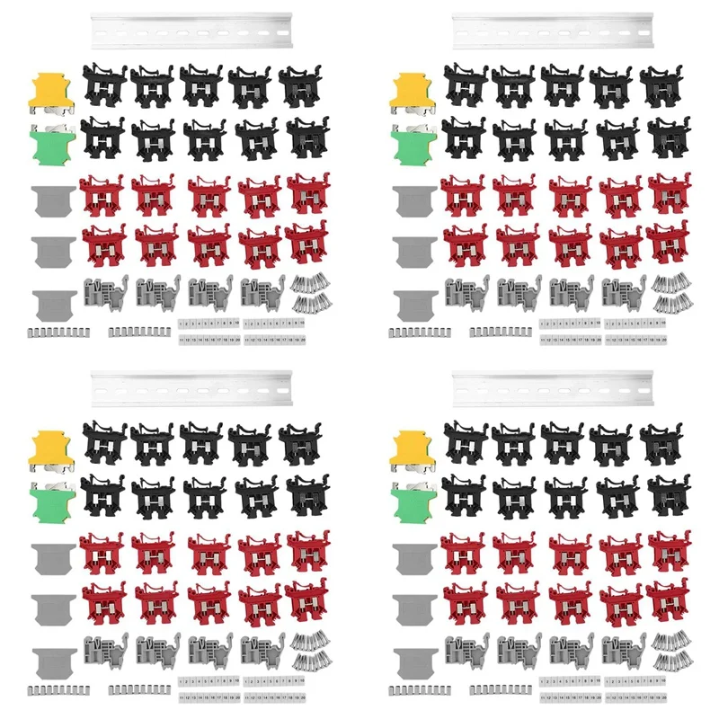 

4X DIN Rail Terminal Blocks Kit Terminal+Ground Blocks+Aluminum Rail+End Brackets+End Covers+Jumpers Kits