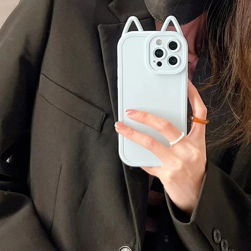 Simplicity Solid Color Cat Ears Silicone Soft Phone Case For Iphone 13 12 11 Pro Max X Xr Xs Max Lens Full Wrap Protective Cover