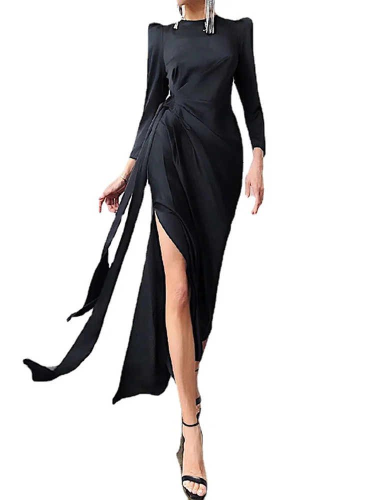 

Summer Fashion Trend Dress Women Temperament Elegant Evening Party Dress Solid Color Long-sleeved Slit Maxi Dresses Vestidos