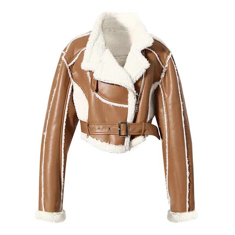 Motorcycle Style Short Jacket Personality Coat Women's Winter New Style Cool Leather Coat Fur Integrated Top Short  Jacket