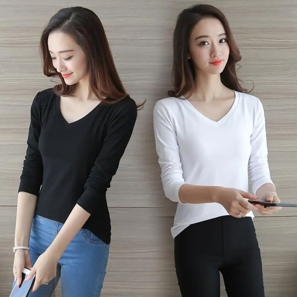 

Women T-Shirt Crew/V Neck Slim Fit Pullover Long Sleeve Stretchy Keep Warm Solid Color Women Autumn Basic Tee Tops Daily Clothin