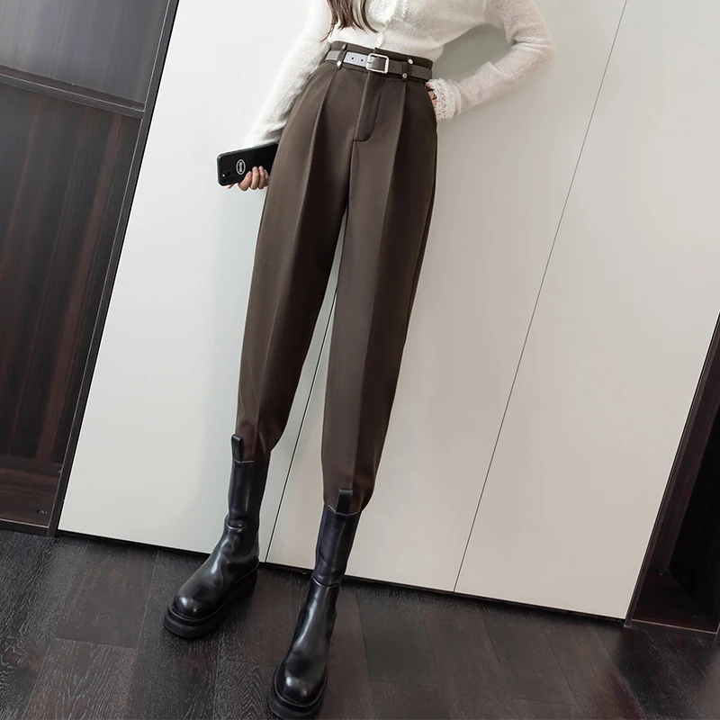 

New autumn and winter thick woolen pants casual pants female Korean version of high waist warm pipe pants belt 803i,408-12