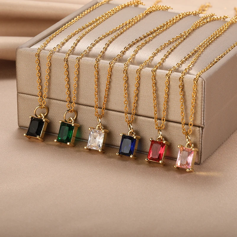 

Korean Square Zircon Stone Pendant Necklaces Gold Color Stainless Steel Multicolor Crystal Necklaces Choker collares para mujer