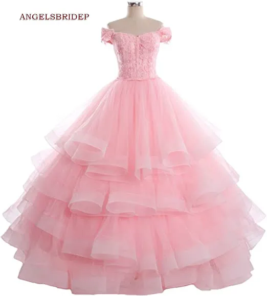 

ANGELSBRIDEP розовые платья для девушек с открытыми плечами Модные платья с аппликацией из тюля для маскарада принцессы 15 лет вечерние платья