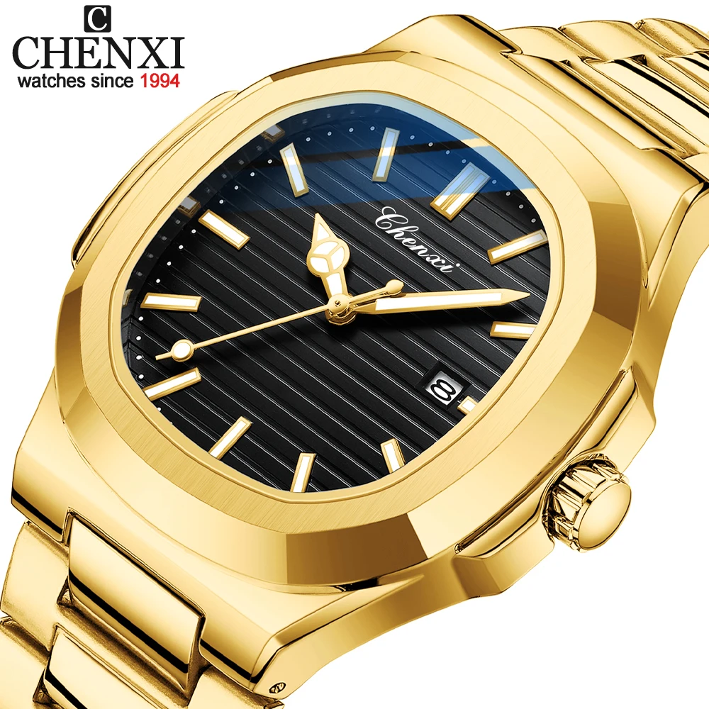 

CHENXI Top Brand Luxury Men Watch Golden Steel Strap Quartz Wristwatches Mens Casual Waterproof Calendar Watches Male Clock