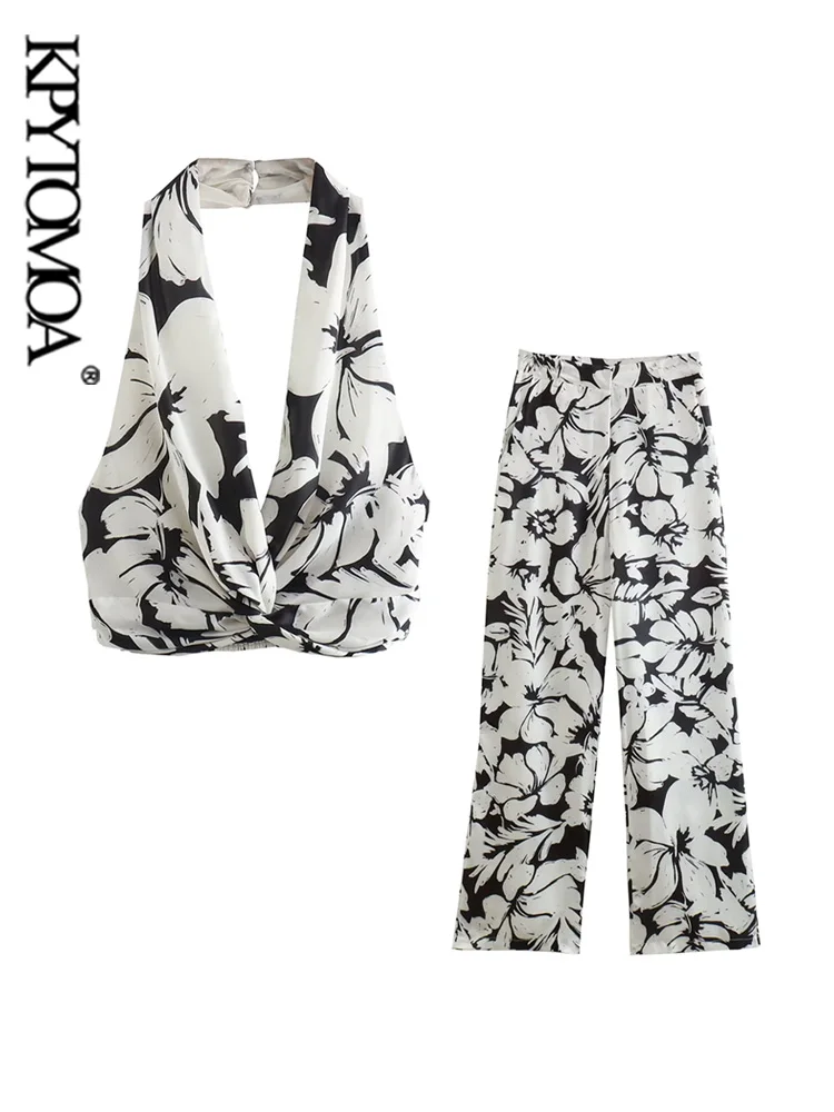 

KPYTOMOA Women Fashion Tropical Print Halterneck Crop Tank Tops And High Waist Zipper Fly Trousers Female Two Piece Sets Mujer