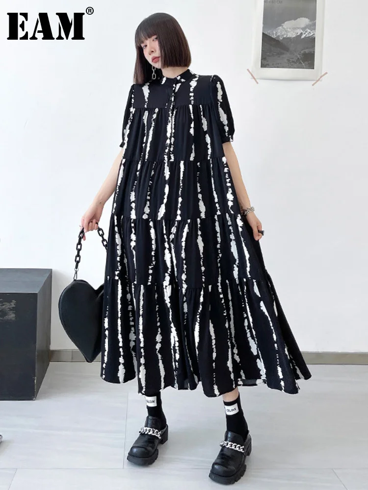

[EAM] Women Black Striped Big Size Long Shirt Dress New Stand Collar Sleeve Loose Fit Fashion Tide Spring Summer 2023 1DE9531