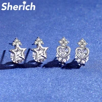 sherich moissanite stud earrings 1 carat lovely heart pentagram star womens 925 sterling silver sparkling wedding jewelry