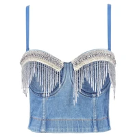 adjustable shoulder straps build in bra denim push up camisole womens bustier casual outer wear stage club crop tops vest