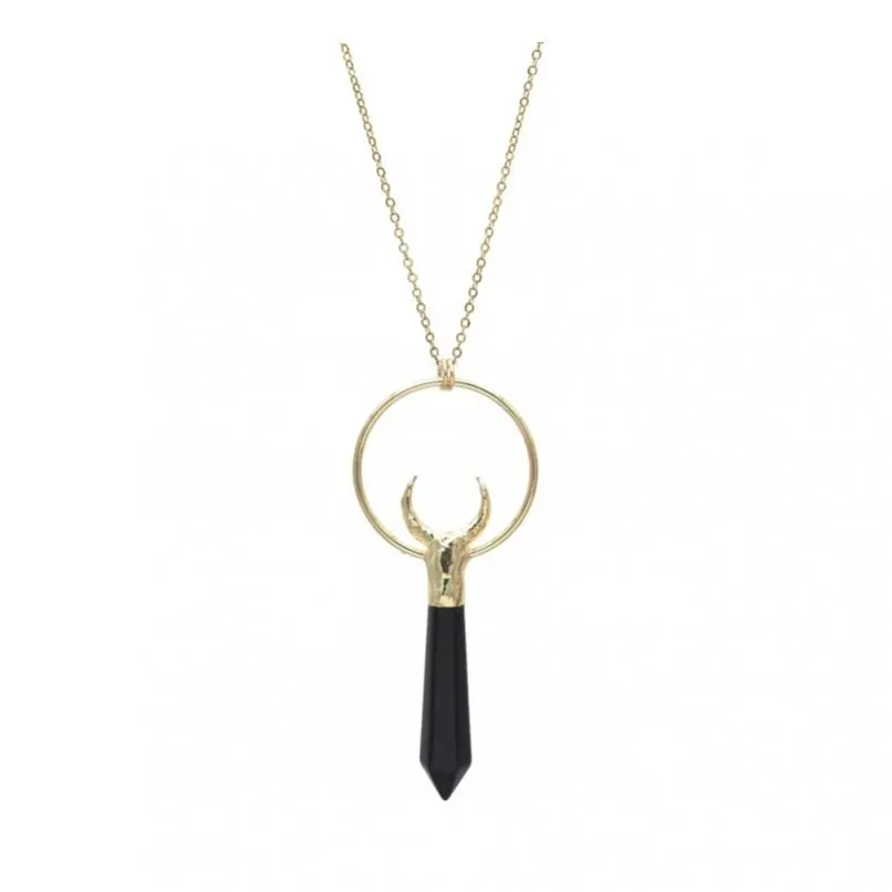 

5Pcs Black Gold Color Copper Tin Onyx Boho Witch Handmade Jewelry Soldered Crescent Moon Hexagonal Prisms Point Necklace