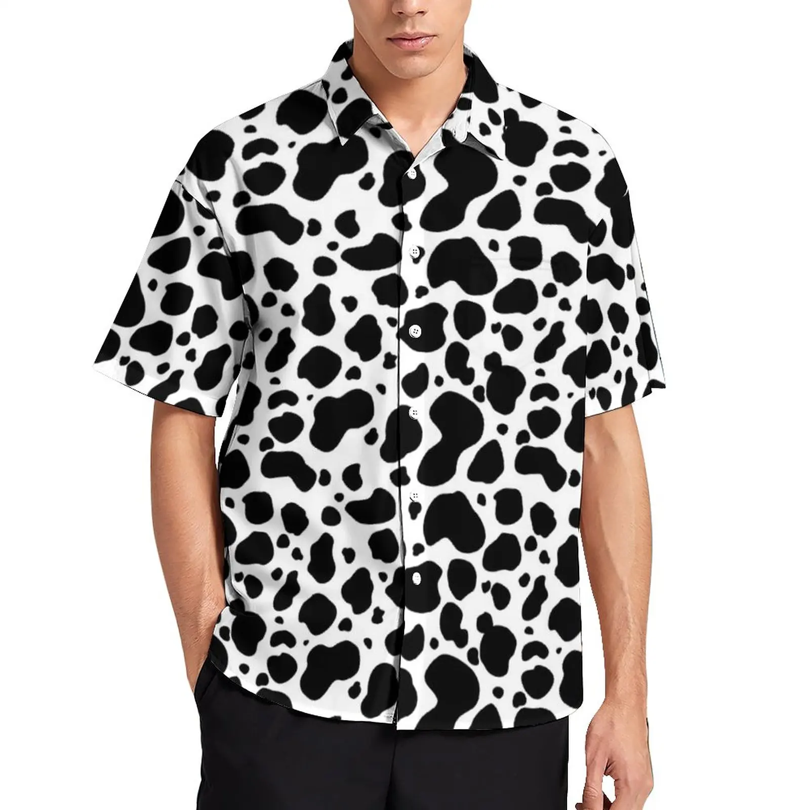 

Черно-белая пляжная рубашка с коровьим принтом, повседневные рубашки с животным принтом из коровьей шкуры, летние винтажные блузки большог...