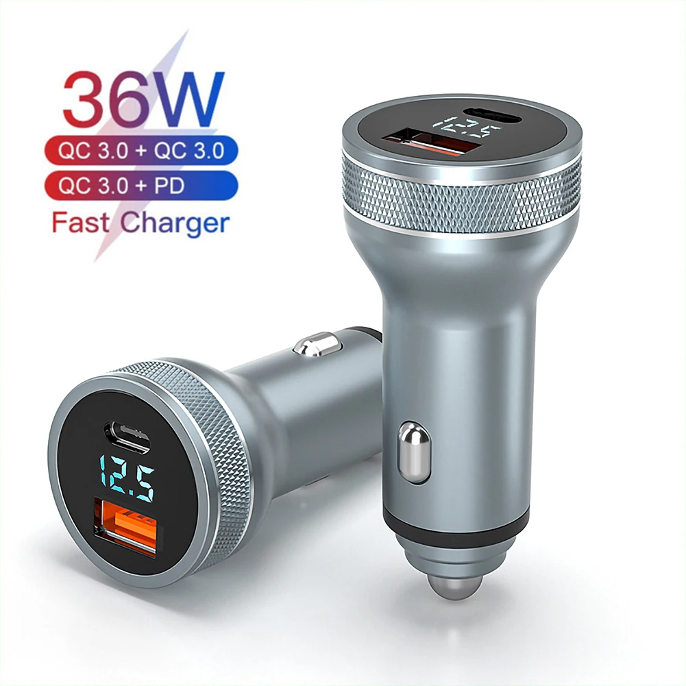 

36W USB Car Charger Power Adapter QC3.0 PD 2 Ports Fast Charging Phone Charger with Volt Display For IPhone 11 12 Samsung Xiaomi