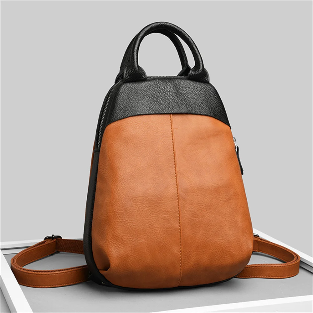 

Color matching leather backpack women's Korean retro campus schoolbag simple portable versatile travel shell bag