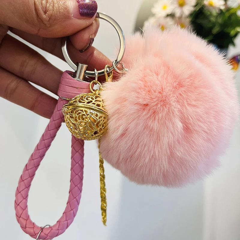 Пушистый меховой ключница настоящий шарик из кроличьего меха для автомобильных ключей карабинный замок из меха кожаный держатель женская сумка подвеска ювелирный подарок.