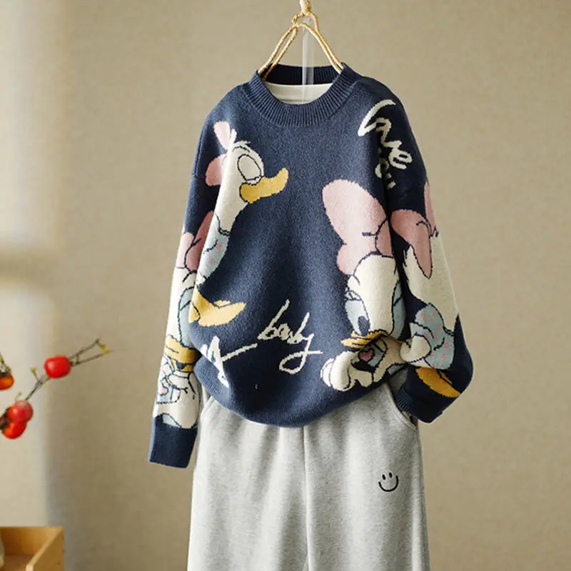 Autumn and Winter New Disney Kawaii Anime Daisy Duck Loose Crewneck Crochet Sweater Woman Winter 2022 Cartoon Sweater for Girl