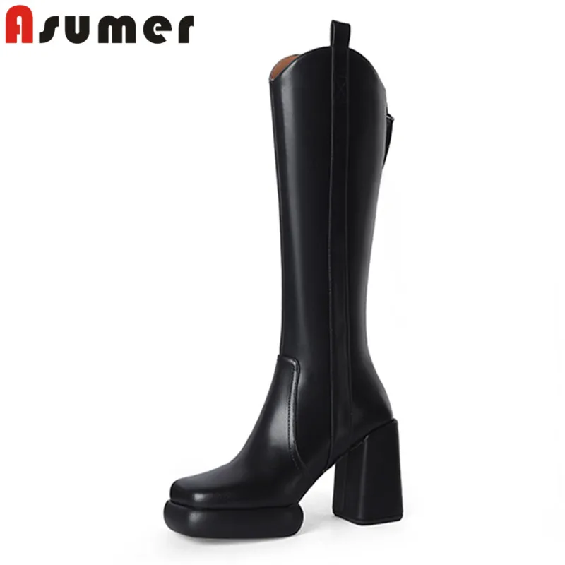

ASUMER 2023 New Zipper Genuine Leather Winter Boots Woman Ladies Knee High Boots Thick High Heels Platform Shoes