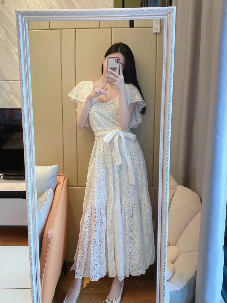 

PUWD Women Cutout Embroidery Holiday Elegant Sweet Beauty Street Style Comfortable And Loose Leisure 2022 Summer Female Dress