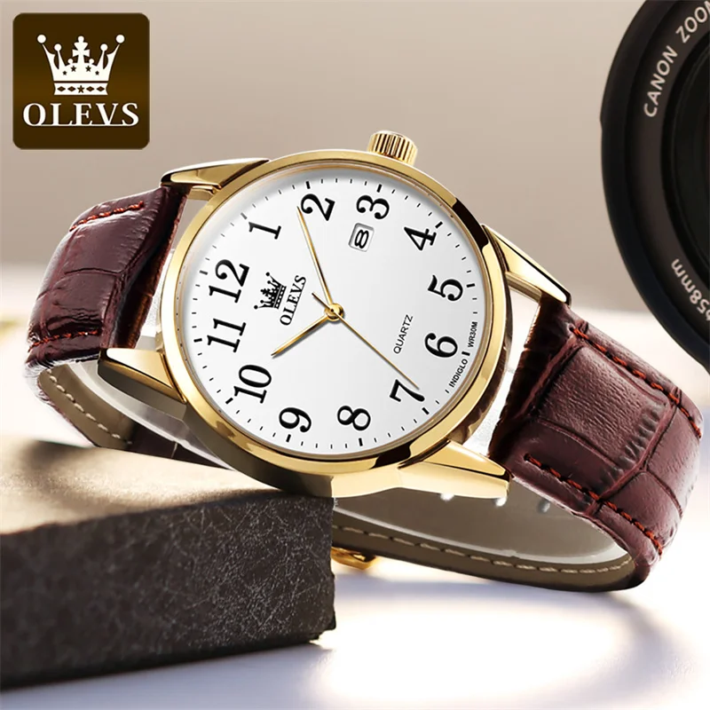 OLEVS Simple Lovers Watch Fashion Waterproof Leather Calendar Casual  Couple Quartz Watches for Men Women Elegant Clock Date