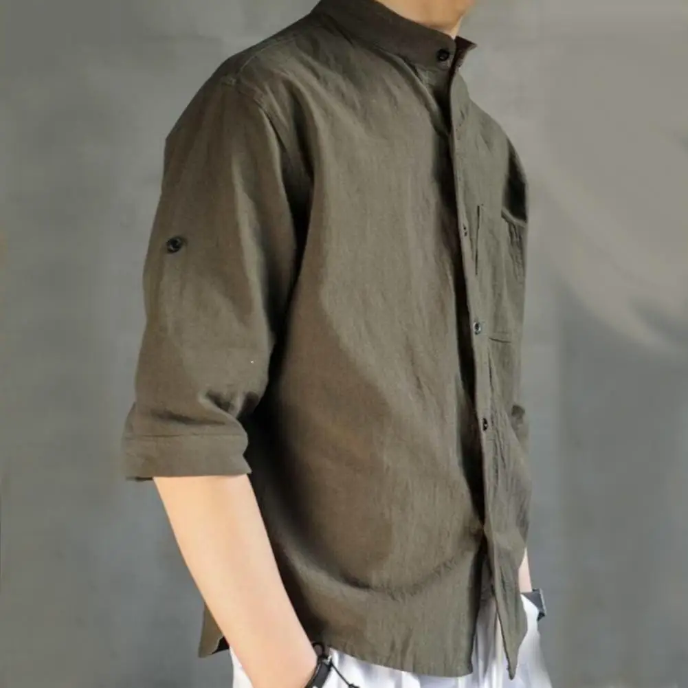 

Fashion Casual Shirt Half Sleeve Stand Collar Soft Buttons Closure Solid Color Men Shirt
