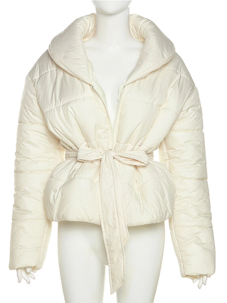 Sifreyr Autumn Winter Warm Puffer Jacket Women Zip Up Long Sleeve Lace Up Cotton-Padded Outwear Streetwear Solid Casual Parkas