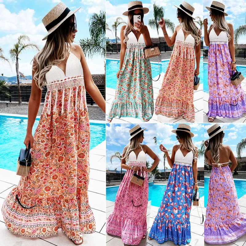 

2022 Summer Women Long Dresses Casual Floral Backless Sexy Woman Bohemian Dress Office Lady Streetwear Skirt