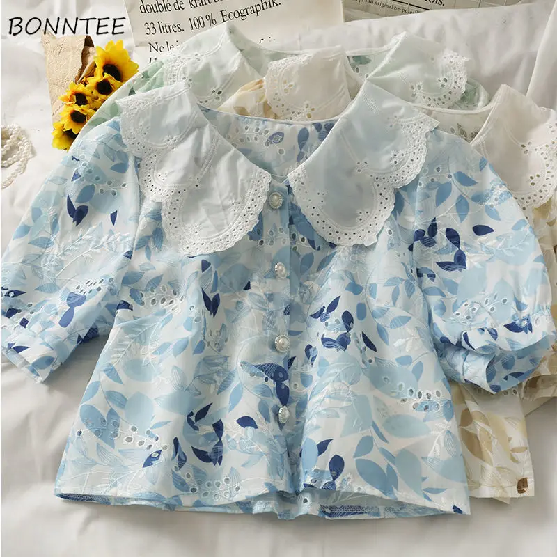 

Blouses Women Hole Floral Peter Pan Collar Lovely Sweet Elegant Gentle All-match Casual Cozy Breathable Chic Retro Ulzzang Ins