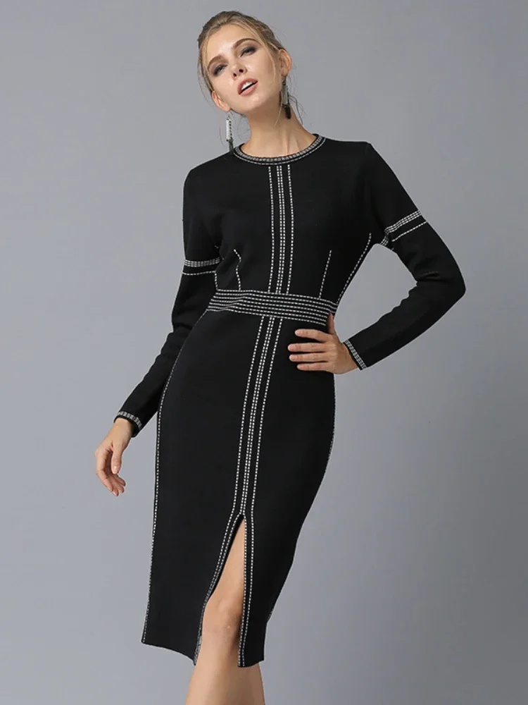 

Платье-свитер для женщин, Осень-зима, новинка, вязаное платье, Женский облегающий пуловер средней длины, женская одежда