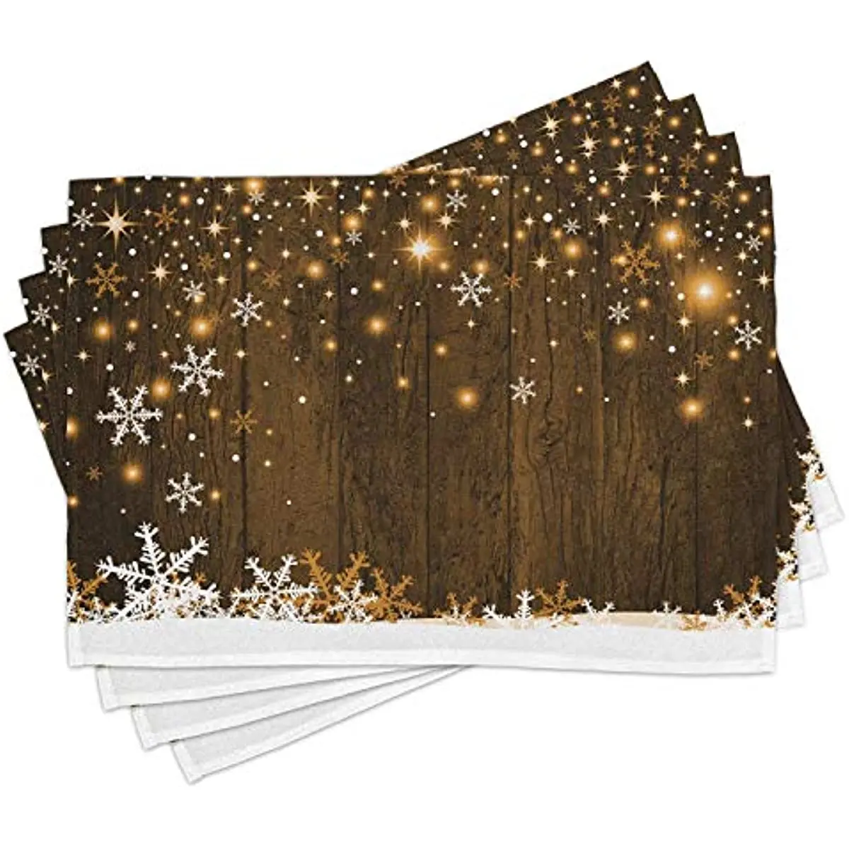 

Christmas Place Mats Set of 4 Rustic Wooden Backdrop Snowflakes and Warm Traditional Print Washable Fabric Placemats for Dining