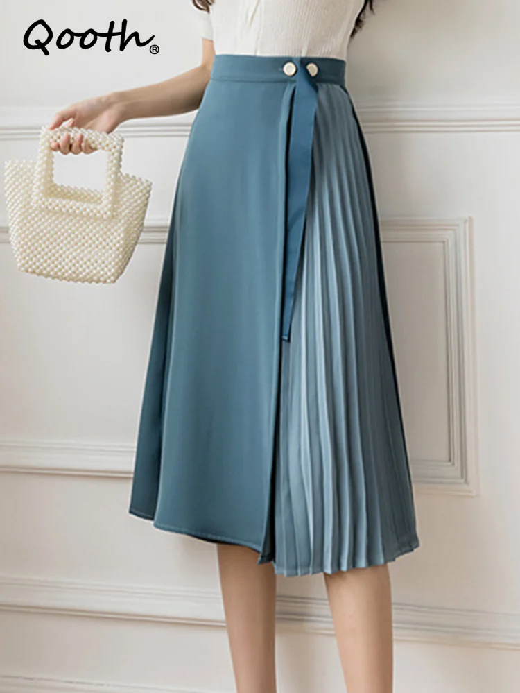 

Qooth Women Office Lady Midi Pleated Skirt Korean Elegant Solid Color All-match One Piece High Waist A-line Long Skirt QT1862