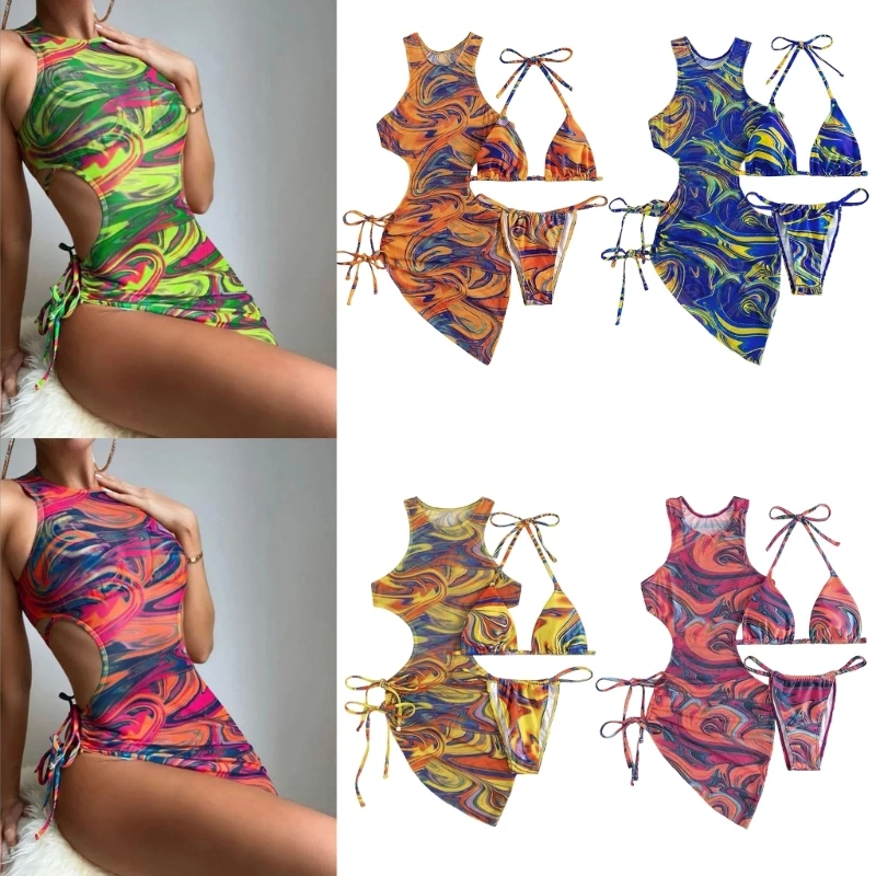 

Female Marble Print Swimwear Ladies Cutout Bikinis Set Women 3 Pieces Split Swimsuits Women Bathing Suit with Cover Up