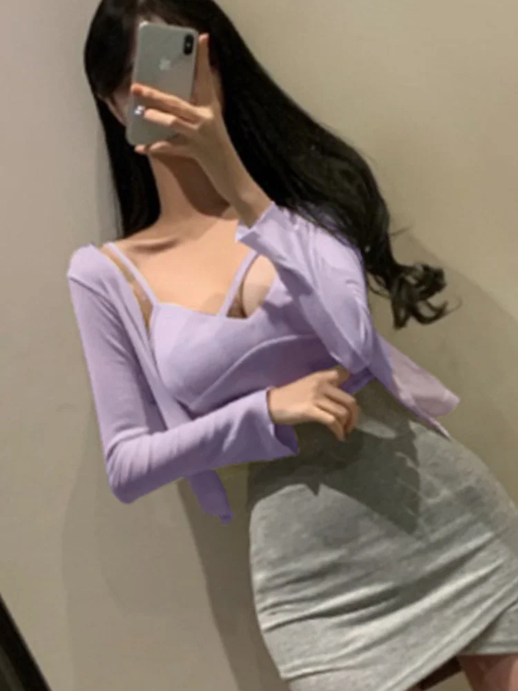 

Корейская Вечеринка осень-зима 2022, Новые облегающие пикантные Короткие топы с V-образным вырезом и тонкая футболка, футболки из двух частей, ...