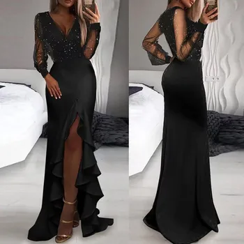 Shinny Sequin Party Dress Women 2023 Elegant Mid Waist Fishtail Dress Black Mesh Fashion Evening Maxi Dresses Vestidos De Mujer 1