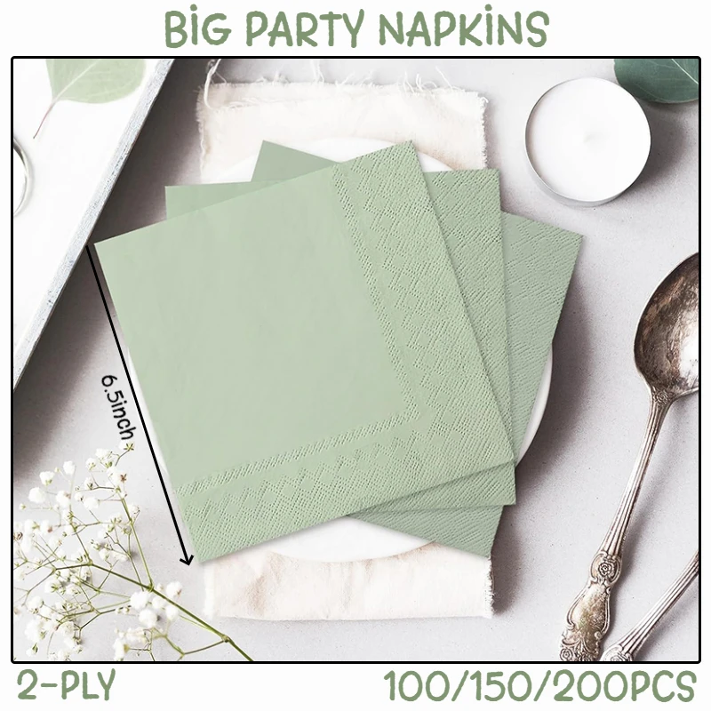 

100/150/200 Pcs 2-Ply Sage Green Paper Napkins Disposable Cocktail Napkins Dinner Wedding Baby Shower Party Chrismas, 6.5 Inches