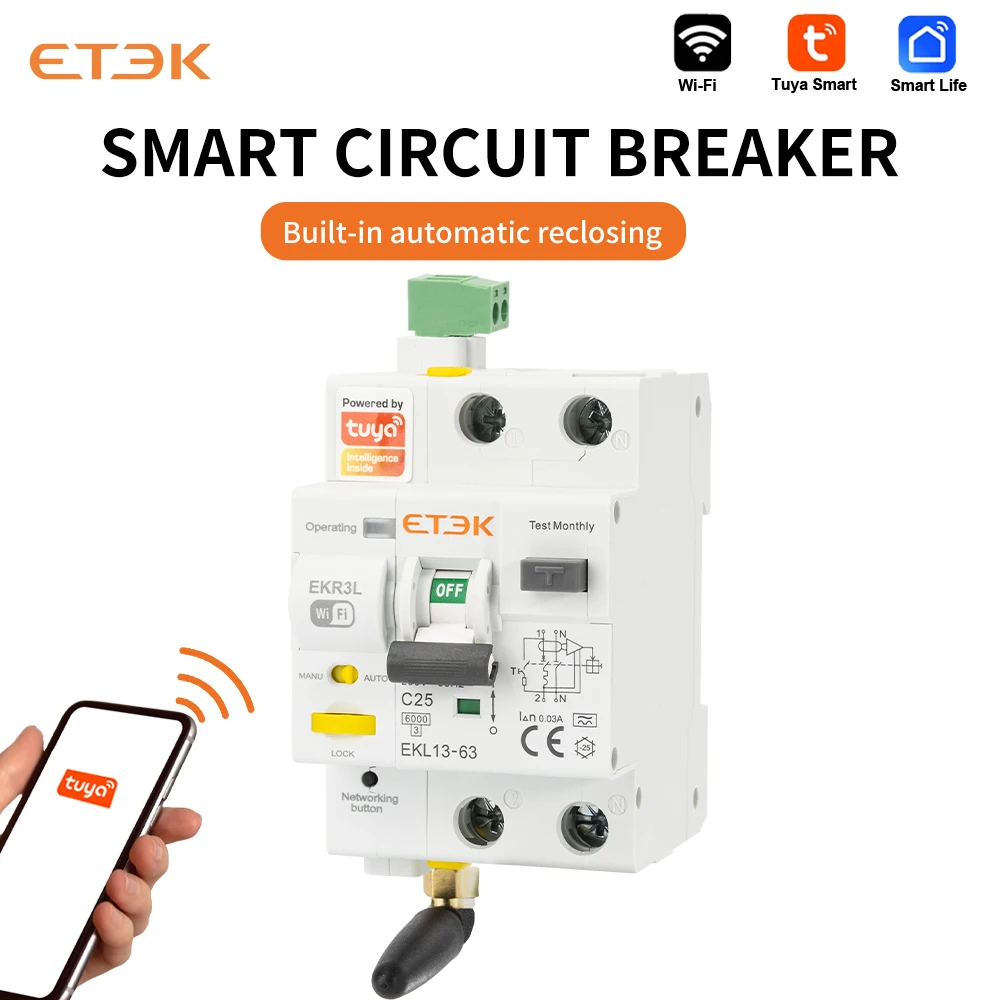 Фото Умный автоматический выключатель ETEC Tuya WiFi RCBO с дистанционным управлением, защитой от короткого замыкания, таймером, 2P, без функции измерения энергопотребления, EKR3L №4
