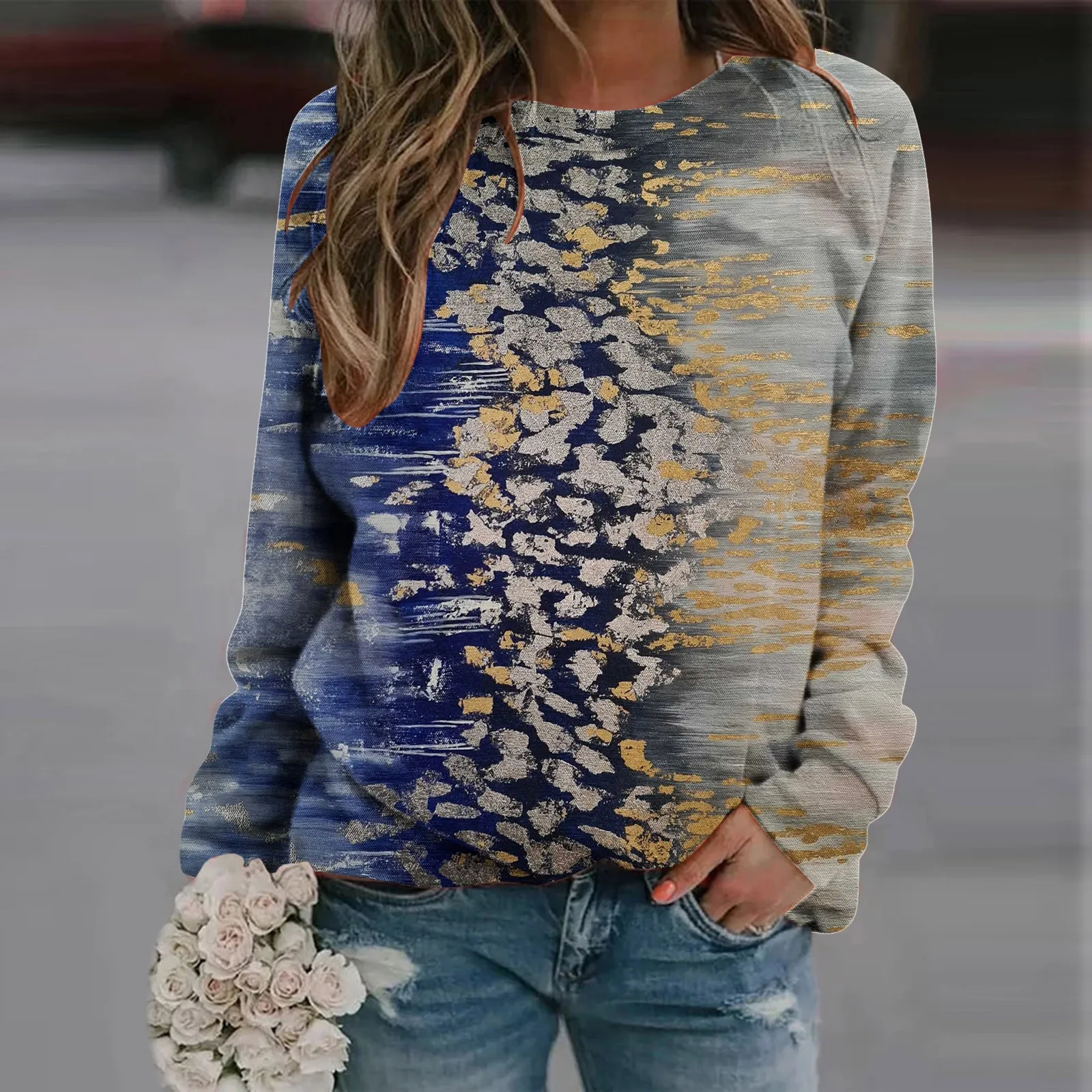 

Womens Spring Flower Prints Long Sleeve O Neck T Shirt Top Cute Fall Comfy Dressy Sweatshirt Long Sleeve T Shirts