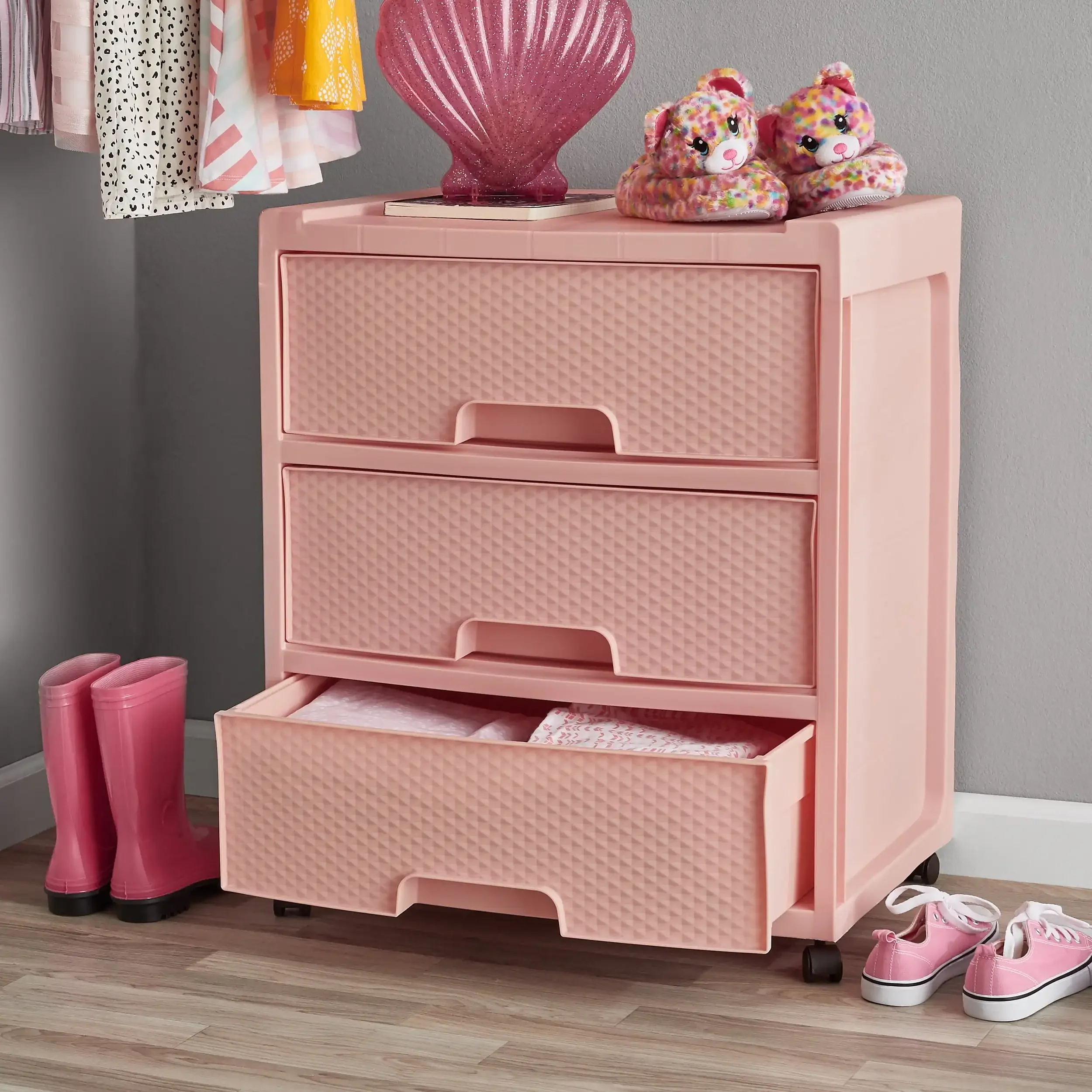 

Free Shipping Mainstays 3 Drawer Wide Diamond Pearl Blush Plastic Storage Cart with Wheels