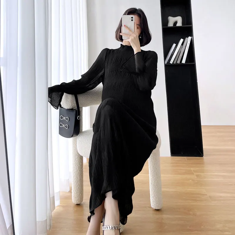 

9114# Pleat Chiffon Maternity Long Party Dress Elegant Chic Ins A Line Loose Clothes for Pregnant Women Spring Fashion Pregnancy