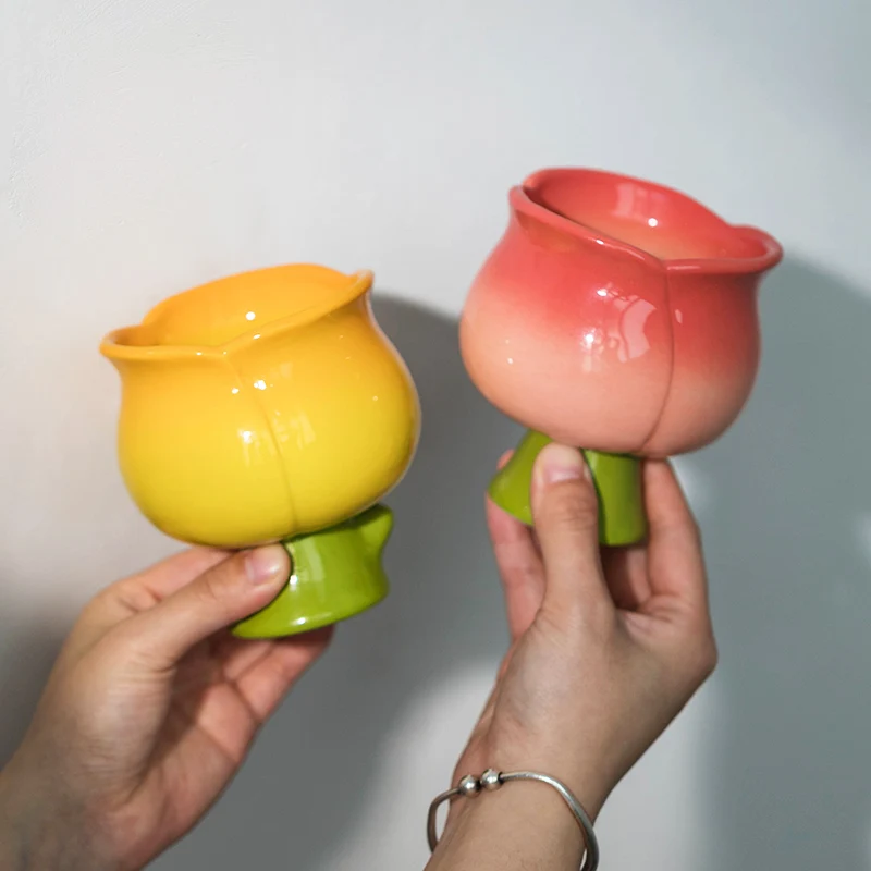 

Wudruncy Cute Dessert Cups Creative Pink Yellow Flower-shaped Ceramic Mug Ice Cream Cups Tasse Kawaii Cup For Girls Women Kids