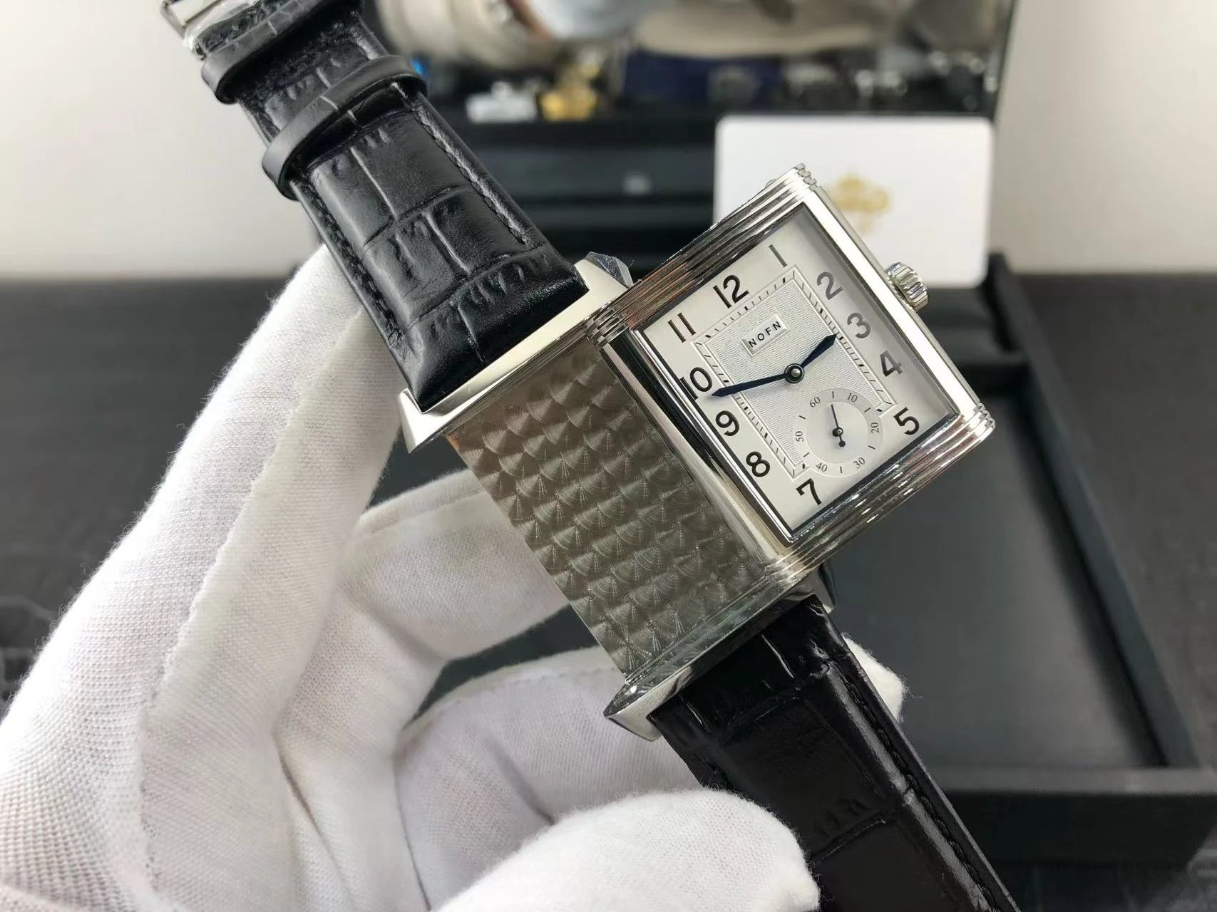 Фото Nofn man squre Reverso Tribute Small Seconds кожаный ремешок A854A 2-лицевые автоматические механические мужские часы для мужчин menl №1