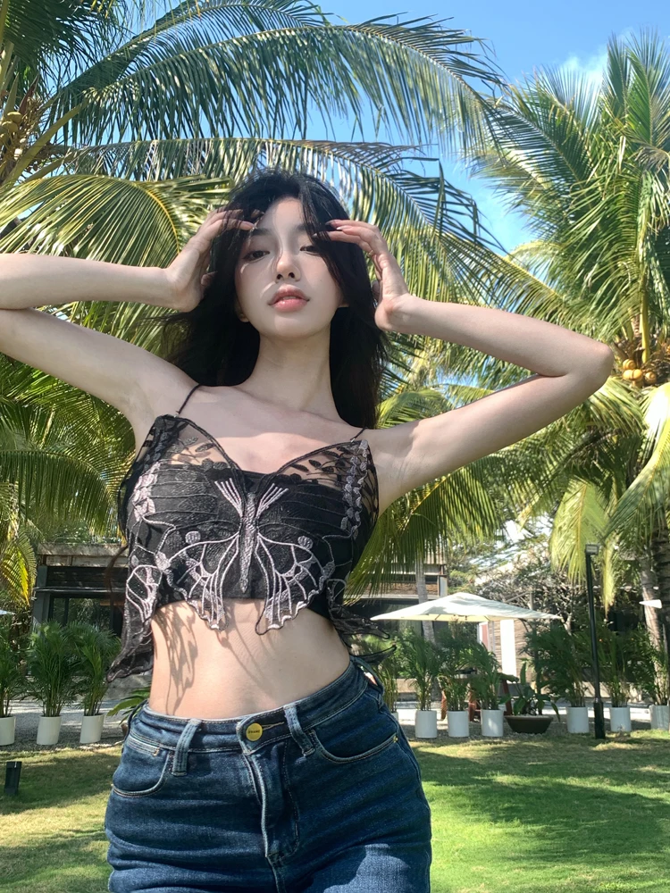 

Y2k Butterfly Crop Top Woman Summer 2022 Sexy Backless Camis Blue Cute Party Sweats Women Beach Holiday Mini Vest Summer Tee