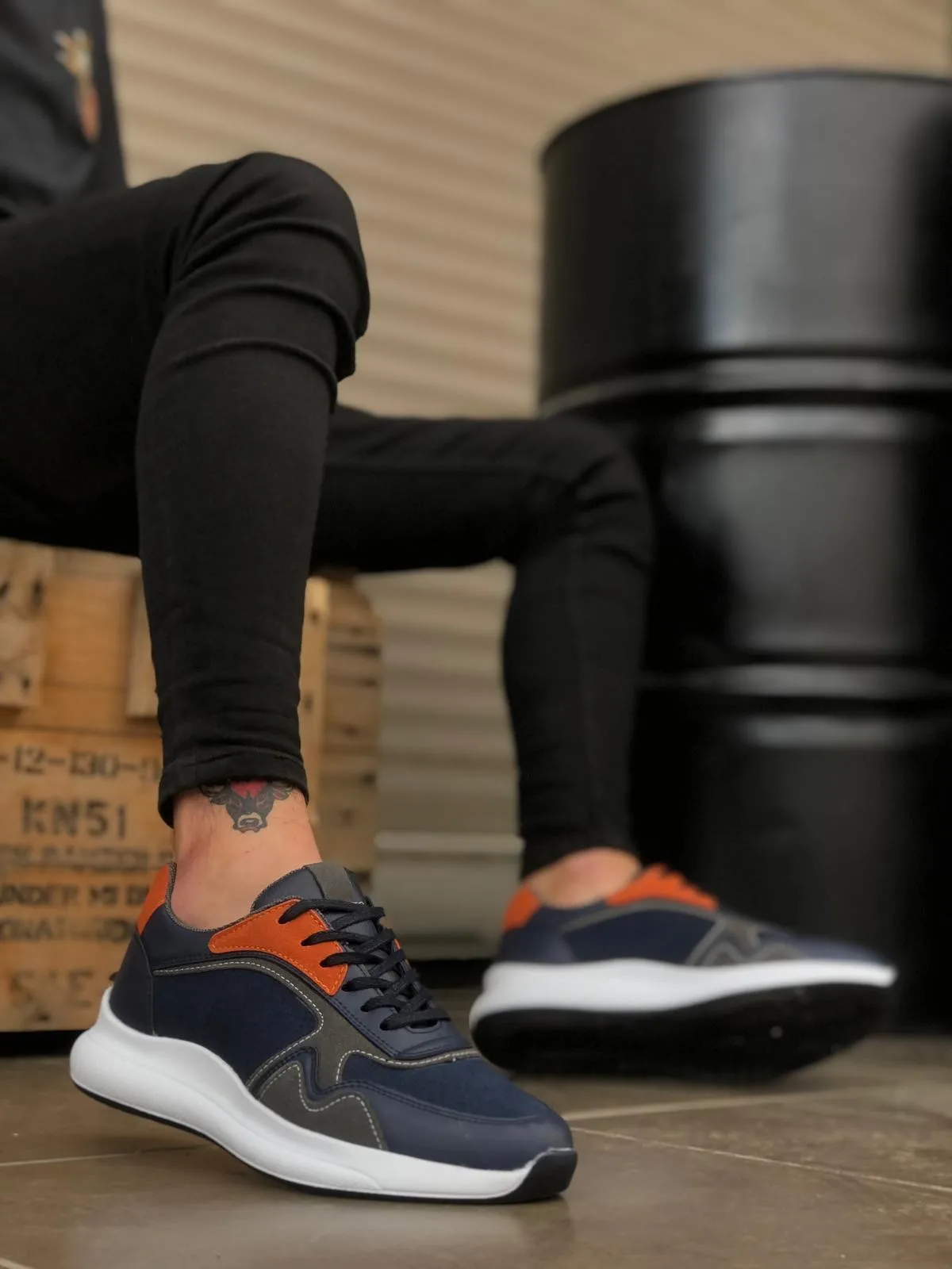 

Мужские кроссовки BOA, повседневная обувь темно-синего, оранжевого, серого цвета с высокой белой подошвой, со шнуровкой, стильный оригинальны...