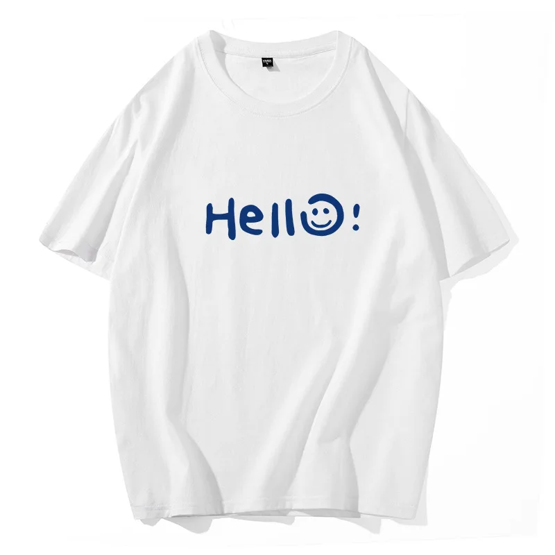 

Футболка мужская с принтом Hello, простая одежда из чистого хлопка, дышащая, корейский стиль, японское аниме