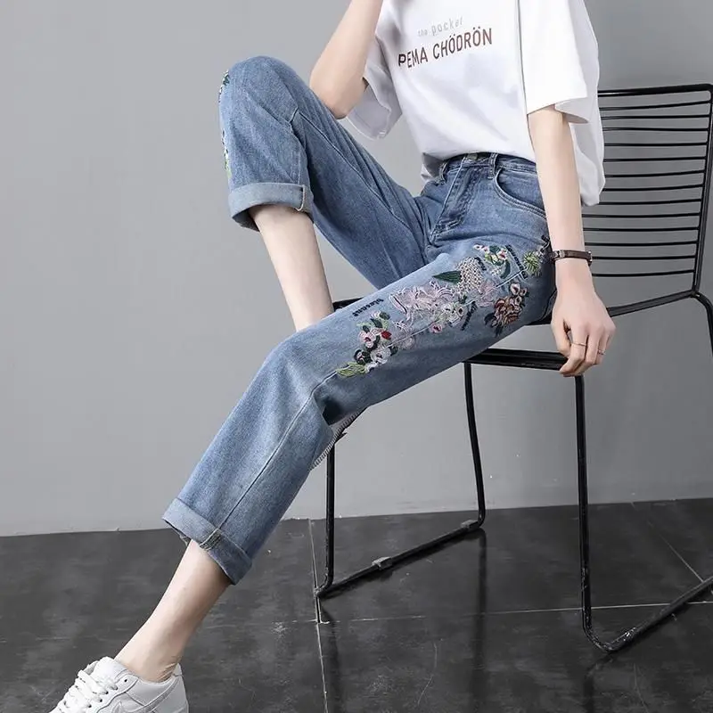 Straight Jeans Women's Summer Thin Section Loose High Waist Embroidered Ethnic Style with Flower Tide Straight Pants Trousers
